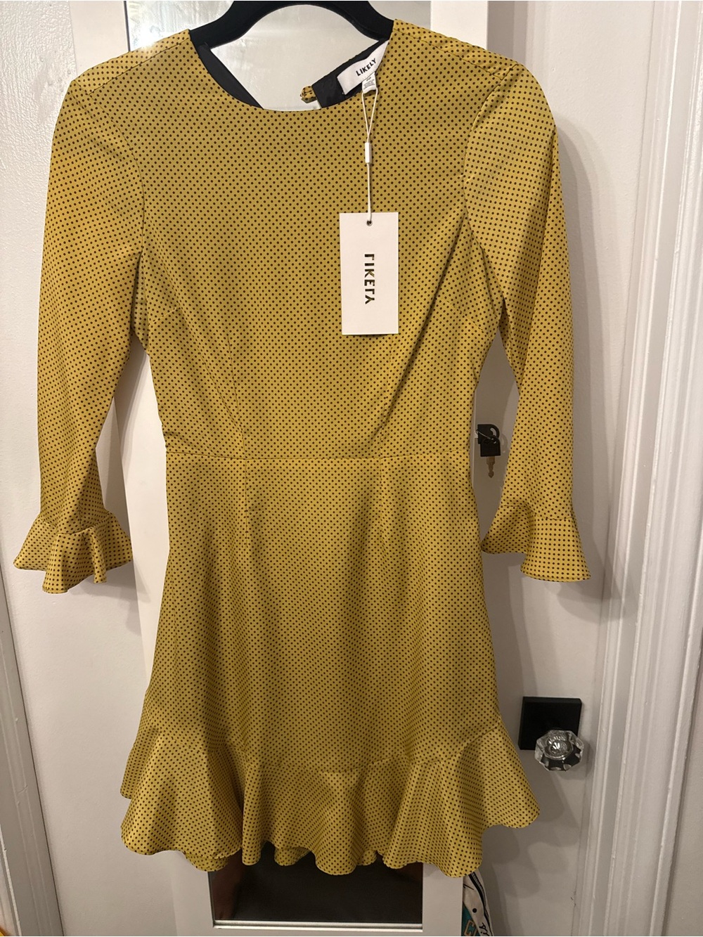 Likely Yellow Polka Dot Ruffle-Hem Long Sleeve Dress